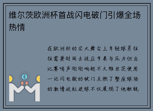 维尔茨欧洲杯首战闪电破门引爆全场热情