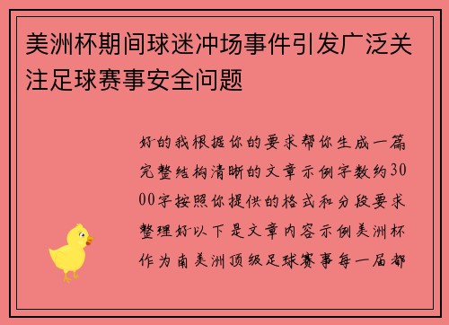 美洲杯期间球迷冲场事件引发广泛关注足球赛事安全问题