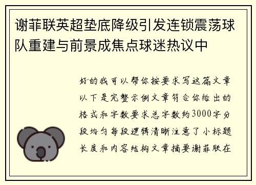 谢菲联英超垫底降级引发连锁震荡球队重建与前景成焦点球迷热议中